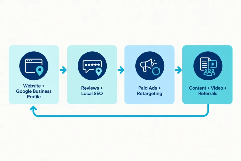 Flow diagram of four sequential steps for building a window and door marketing system
