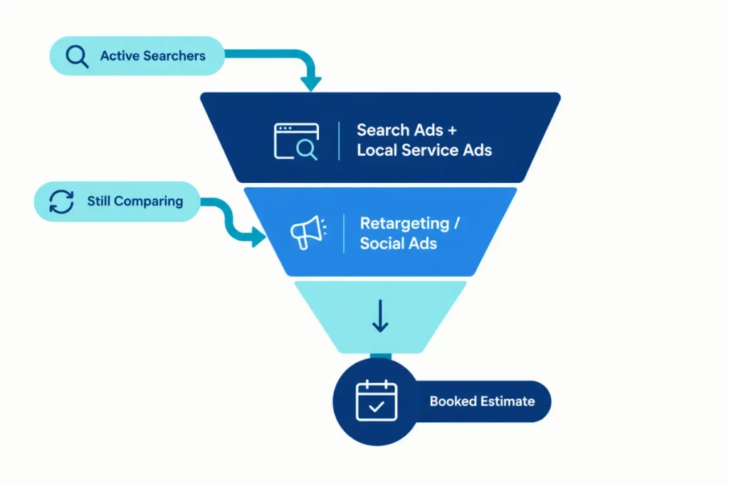 Funnel diagram showing search and Local Service Ads capturing active searchers with retargeting reaching homeowners still comparing
