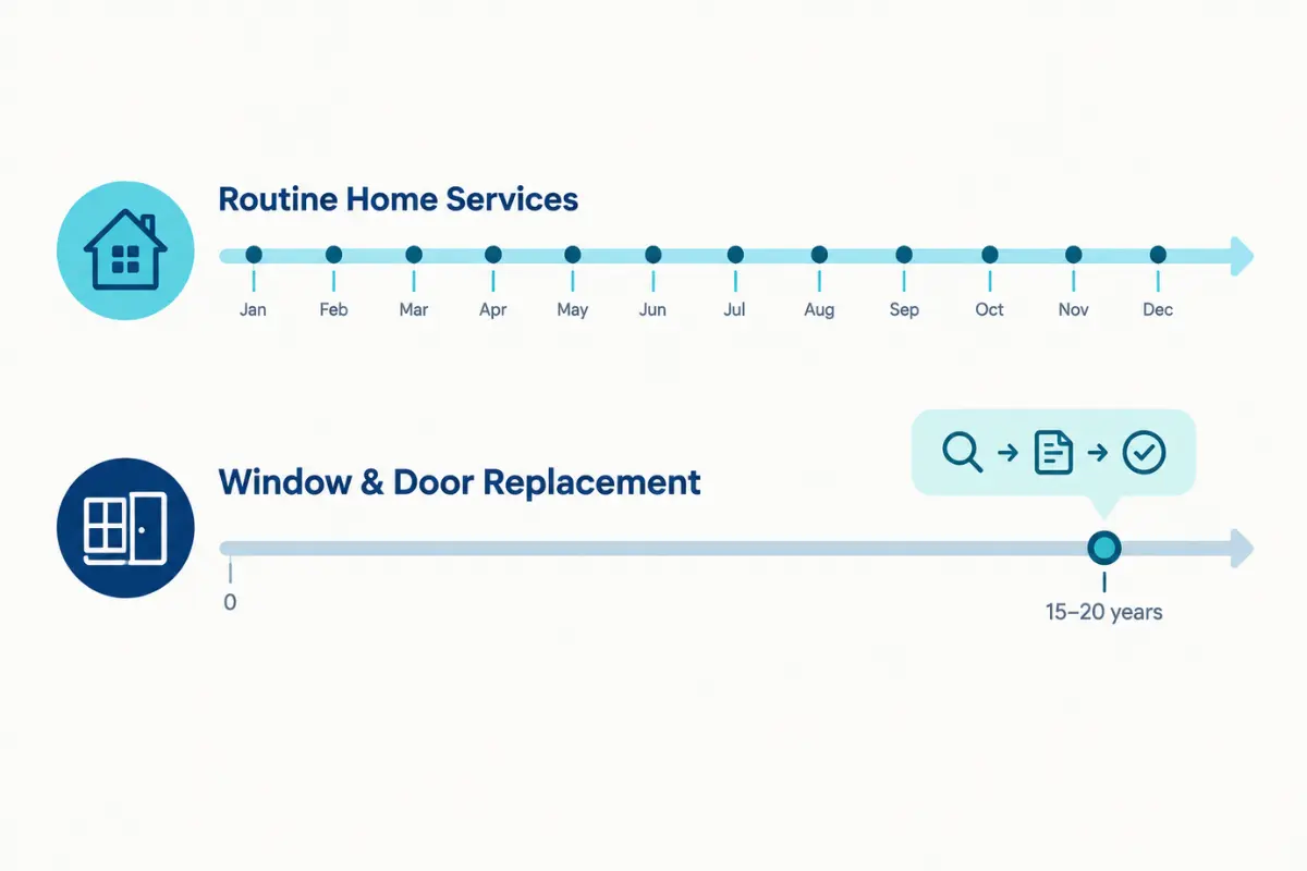 Timeline comparing frequent home services to a window and door replacement cycle of 15 to 20 years