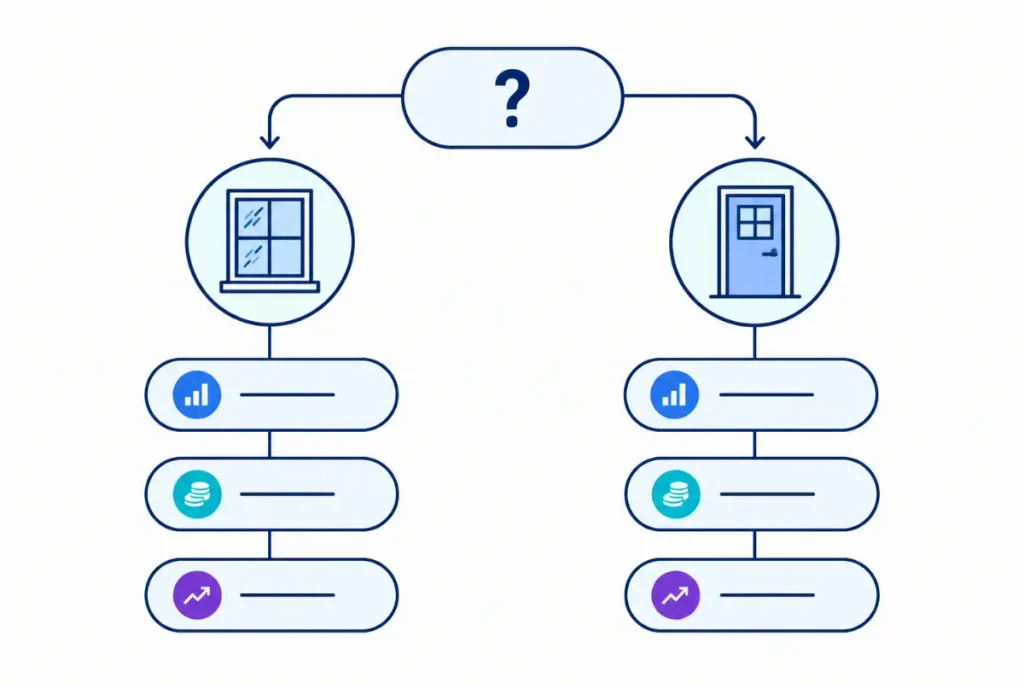 Diagram showing the decision path for choosing a windows-first or doors-first primary Google Business Profile category