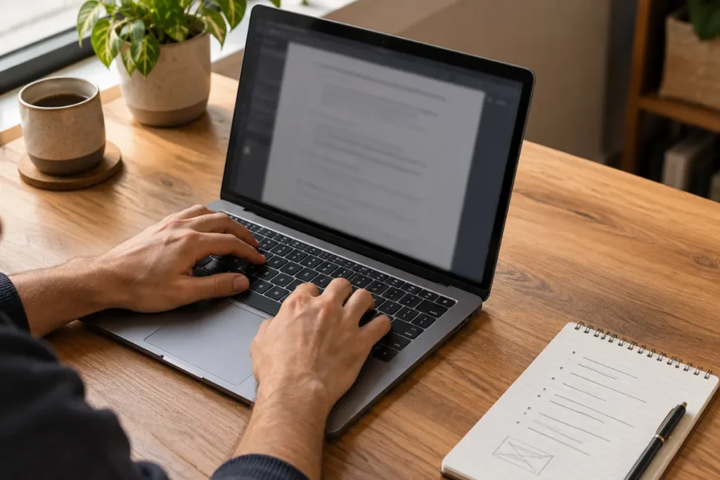 Hands typing a roofing blog outline on a laptop at a desk
